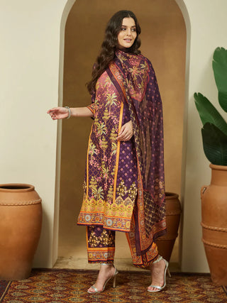 Purple Cotton Blend Ethnic Motif Printed Suit Set with Chanderi Blend Dupatta