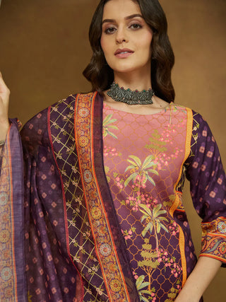 Purple Cotton Blend Ethnic Motif Printed Suit Set with Chanderi Blend Dupatta
