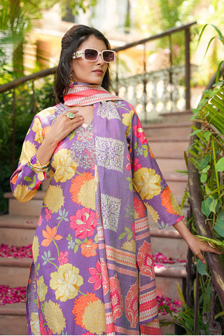 Purple Viscose Floral Print & Embroidered Straight Shape Suit Set with Dupatta