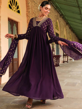 Purple Georgette Foil Print Anarakli Shape Kurta with Chiffon Dupatta