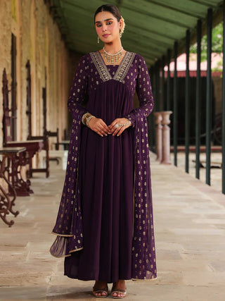 Purple Georgette Foil Print Anarakli Shape Kurta with Chiffon Dupatta