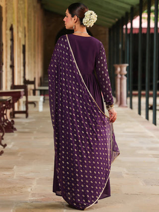 Purple Georgette Foil Print Anarakli Shape Kurta with Chiffon Dupatta