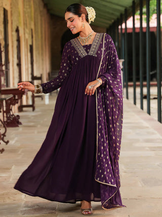 Purple Georgette Foil Print Anarakli Shape Kurta with Chiffon Dupatta