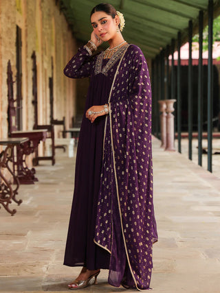 Purple Georgette Foil Print Anarakli Shape Kurta with Chiffon Dupatta