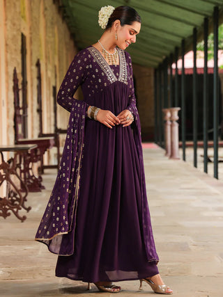 Purple Georgette Foil Print Anarakli Shape Kurta with Chiffon Dupatta