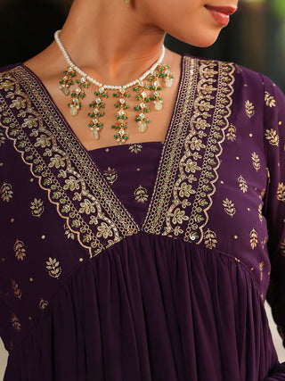 Purple Georgette Foil Print Anarakli Shape Kurta with Chiffon Dupatta
