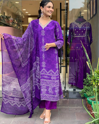 Purple French Crepe Print & Embroidered Suit Set with Chinon Dupatta