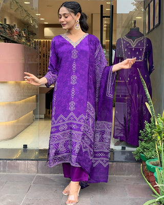 Purple French Crepe Print & Embroidered Suit Set with Chinon Dupatta