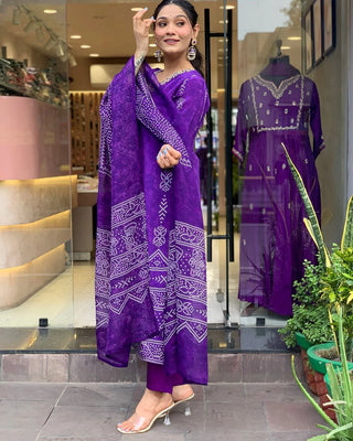 Purple French Crepe Print & Embroidered Suit Set with Chinon Dupatta