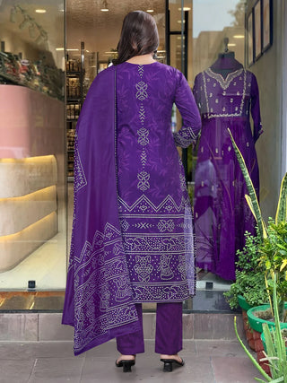 Purple French Crepe Print & Embroidered Suit Set with Chinon Dupatta