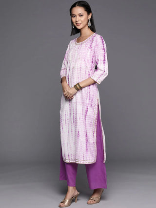 Purple & White Cotton Leheriya Print Suit Set with Silk Chiffon Dupatta