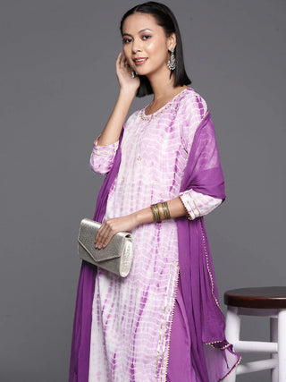 Purple & White Cotton Leheriya Print Suit Set with Silk Chiffon Dupatta