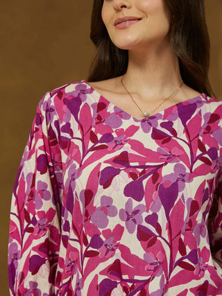 Purple Linen Cotton Floral Print A-Line Dress