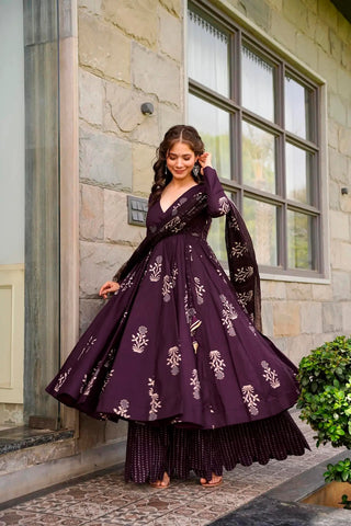 Purple Muslin Digital Print Anarkali Style Shape Suit Set with Dupatta