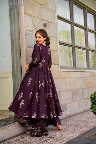 Purple Muslin Digital Print Anarkali Style Shape Suit Set with Dupatta