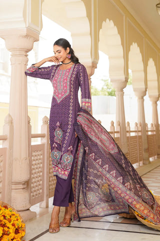 Purple Rayon Blend Ethnic Motif Printed Straight Shape Suit Set with Dupatta