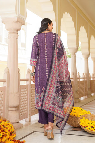 Purple Rayon Blend Ethnic Motif Printed Straight Shape Suit Set with Dupatta