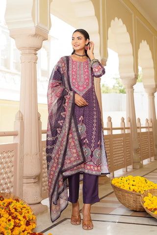 Purple Rayon Blend Ethnic Motif Printed Straight Shape Suit Set with Dupatta