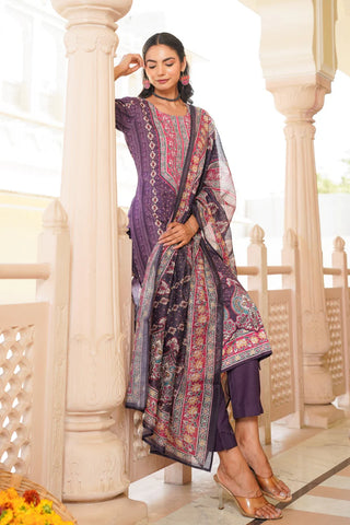 Purple Rayon Blend Ethnic Motif Printed Straight Shape Suit Set with Dupatta