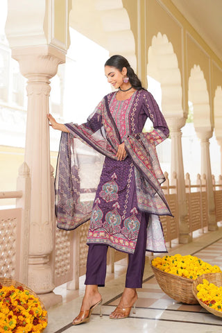 Purple Rayon Blend Ethnic Motif Printed Straight Shape Suit Set with Dupatta