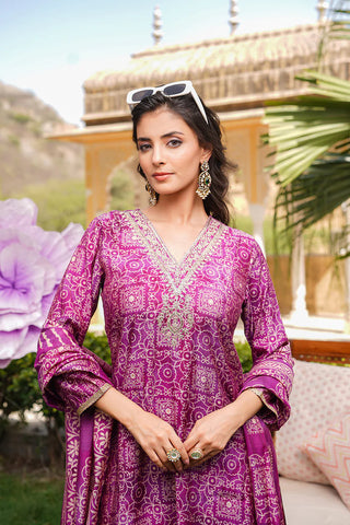 Purple Silk Blend Floral Print & Embroidered Straight Shape Suit Set with Dupatta