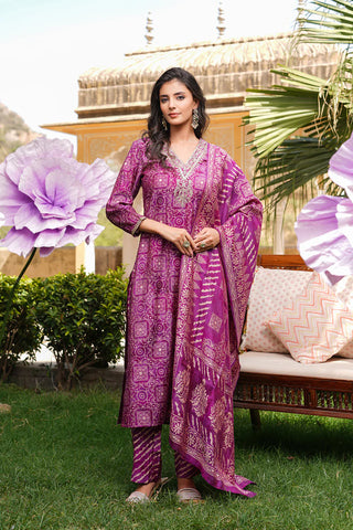 Purple Silk Blend Floral Print & Embroidered Straight Shape Suit Set with Dupatta