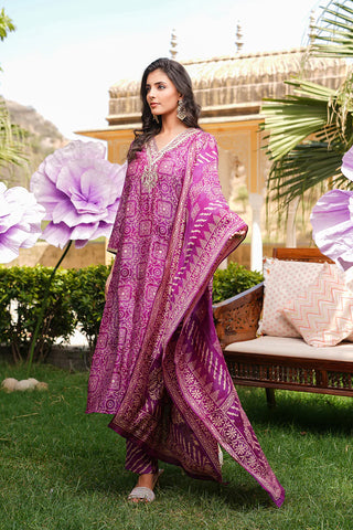 Purple Silk Blend Floral Print & Embroidered Straight Shape Suit Set with Dupatta