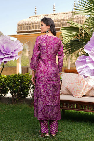 Purple Silk Blend Floral Print & Embroidered Straight Shape Suit Set with Dupatta