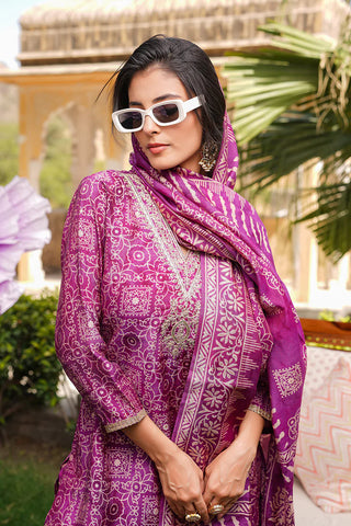 Purple Silk Blend Floral Print & Embroidered Straight Shape Suit Set with Dupatta