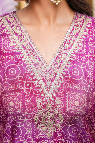 Purple Silk Blend Floral Print & Embroidered Straight Shape Suit Set with Dupatta