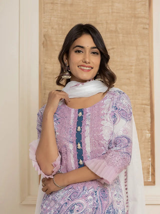 Purple & White Cotton Ethnic Motif Print Straight Shape Suit Set with Dupatta