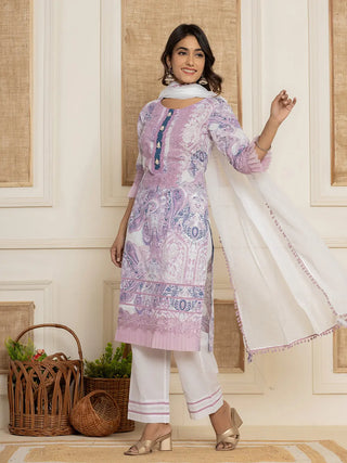 Purple & White Cotton Ethnic Motif Print Straight Shape Suit Set with Dupatta