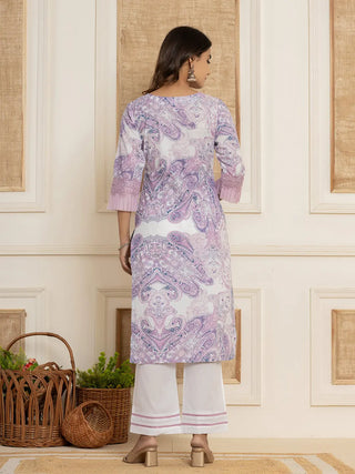 Purple & White Cotton Ethnic Motif Print Straight Shape Suit Set with Dupatta