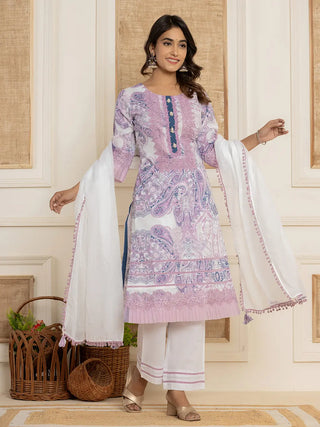 Purple & White Cotton Ethnic Motif Print Straight Shape Suit Set with Dupatta