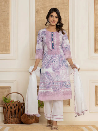 Purple & White Cotton Ethnic Motif Print Straight Shape Suit Set with Dupatta