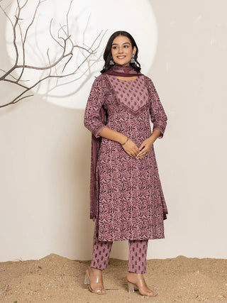 Purple Cotton Floral Print Straight Shape Suit Set with Voile Dupatta