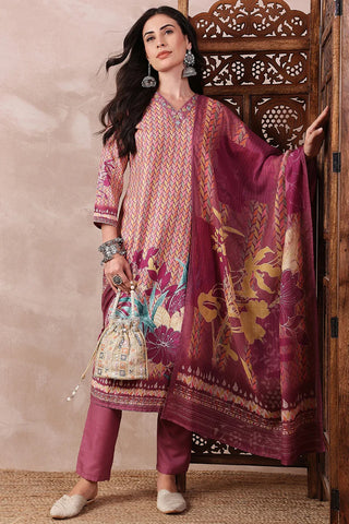 Purple Rayon Blend Floral Printed Straight Shape Suit Set with Dupatta