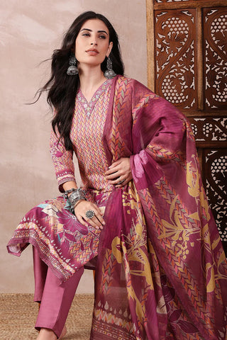 Purple Rayon Blend Floral Printed Straight Shape Suit Set with Dupatta