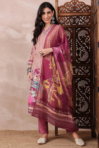 Purple Rayon Blend Floral Printed Straight Shape Suit Set with Dupatta