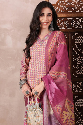 Purple Rayon Blend Floral Printed Straight Shape Suit Set with Dupatta