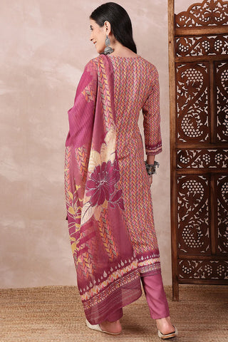 Purple Rayon Blend Floral Printed Straight Shape Suit Set with Dupatta