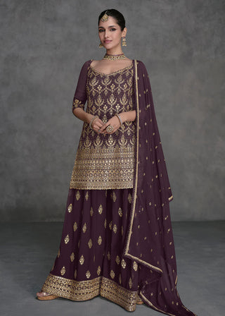 Dark Purple Georgette Sharara Suit Set With Embroidery