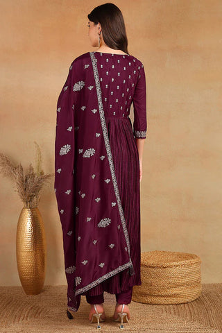 Purple Silk Blend Embroidered Anarkali Suit Set with Dupatta