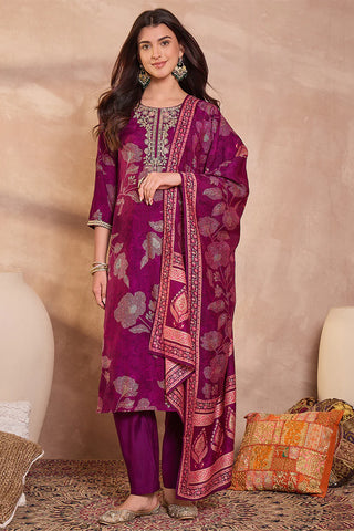 Purple Silk Blend Straight Shape Floral Print Suit Set with Dupatta