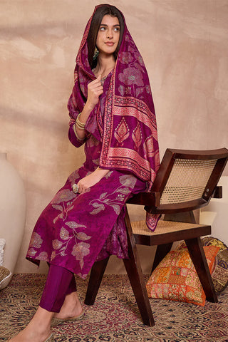 Purple Silk Blend Straight Shape Floral Print Suit Set with Dupatta