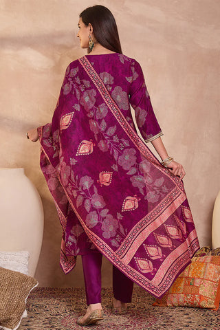 Purple Silk Blend Straight Shape Floral Print Suit Set with Dupatta