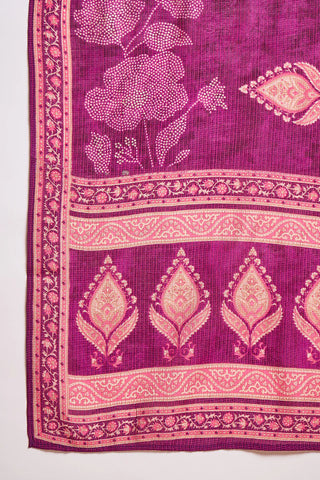 Purple Silk Blend Straight Shape Floral Print Suit Set with Dupatta