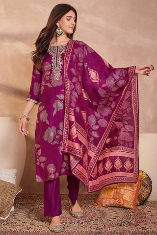 Purple Silk Blend Straight Shape Floral Print Suit Set with Dupatta