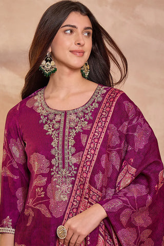 Purple Silk Blend Straight Shape Floral Print Suit Set with Dupatta