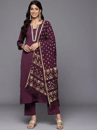 Purple Liva Solid A Line Suit Set with Heavy Dupatta